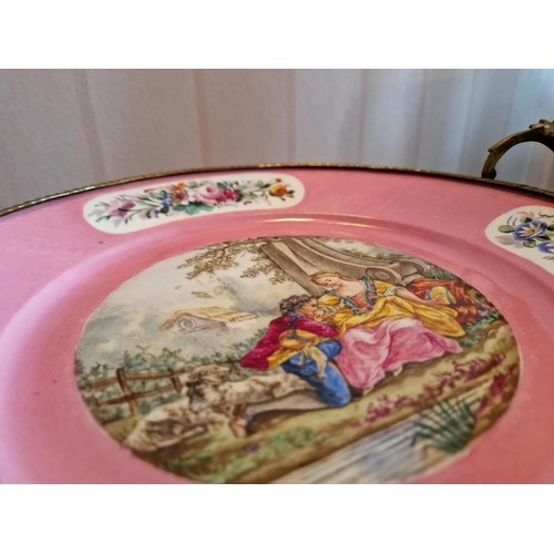 458 - 19th Century Porcelain Dish with Hand Painted Classical Scene in Brass Mount, H:10 x D:32cm