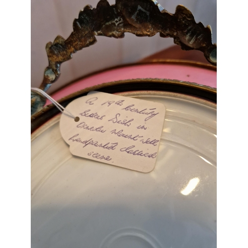 458 - 19th Century Porcelain Dish with Hand Painted Classical Scene in Brass Mount, H:10 x D:32cm