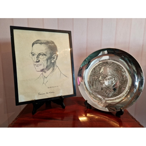 462 - Framed Portrait of Eamon de Valera 1939 by Seán O'Sullivan RHA, and Irish Silver Commemorative Plate... 