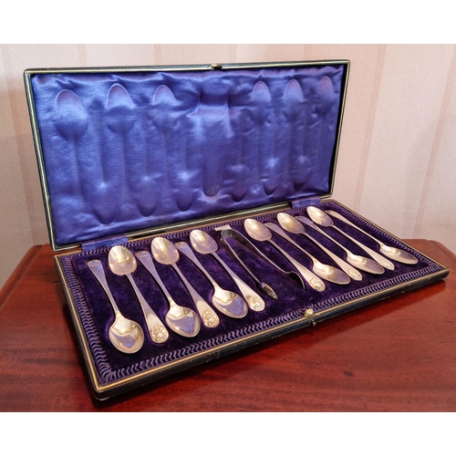 463 - Case of 12 Silver Plate Tea Spoons and Sugar Tongs