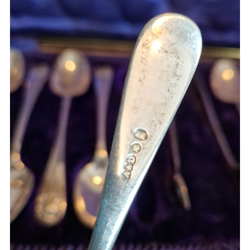 463 - Case of 12 Silver Plate Tea Spoons and Sugar Tongs