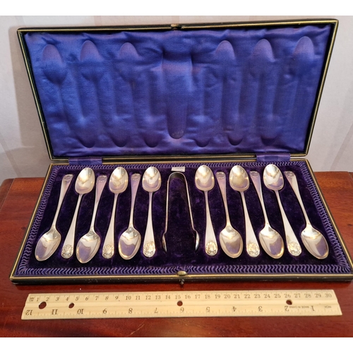 463 - Case of 12 Silver Plate Tea Spoons and Sugar Tongs