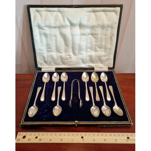 464 - Case of 11 Silver Plated Tea Spoons and Sugar Tongs