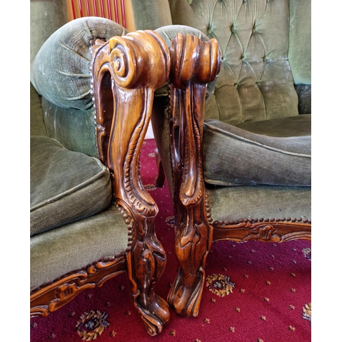 10 - Pair of Heavily Carved Antique Mahogany Show Frame Button Back Armchairs. H:83 x W:34 x D:95cm, Seat... 