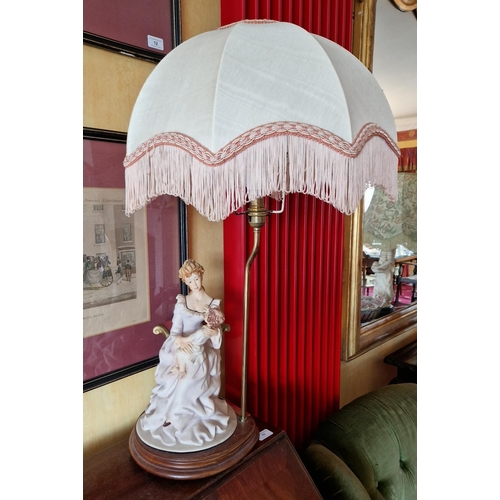 13 - Capodimonte Style Porcelain Table Lamp with Shade depicting a Mother and Child. Height 70cm