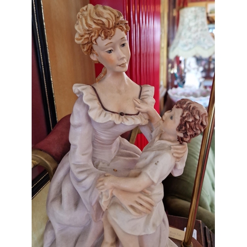 13 - Capodimonte Style Porcelain Table Lamp with Shade depicting a Mother and Child. Height 70cm