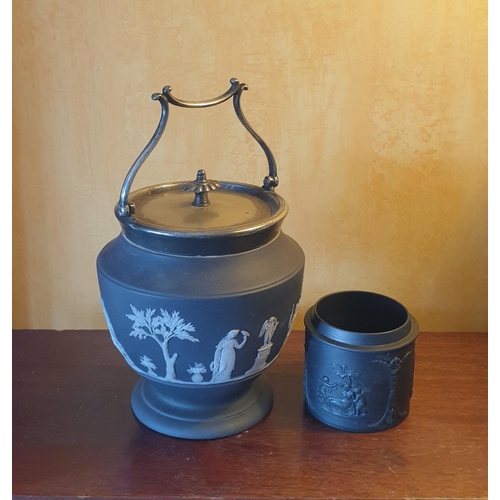 15 - Wedgwood Black Jasperware Biscuit Barrell with EPNS Lid (H:18 x D:15cm) and Wedgwood Pot (no lid)