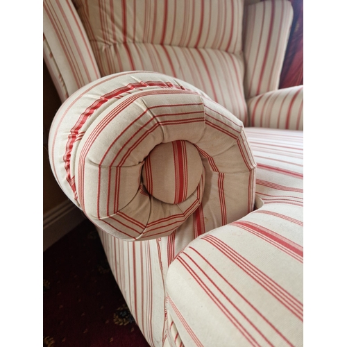 17 - Upholstered Queen Anne Armchair and Matching Foot Stool in a Cream and Red Pin Stripe Fabric 
Chair:... 