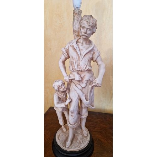 35 - Figurative Table Lamp and Shade depicting Worker and Child. Height 81cm overall