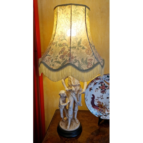 35 - Figurative Table Lamp and Shade depicting Worker and Child. Height 81cm overall