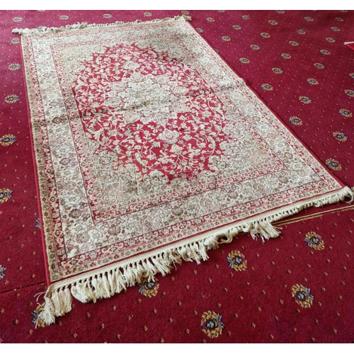 39 - Red and Gold Silk Effect Rug with Centre Medallion Design and overall design, L:187 x W:120cm