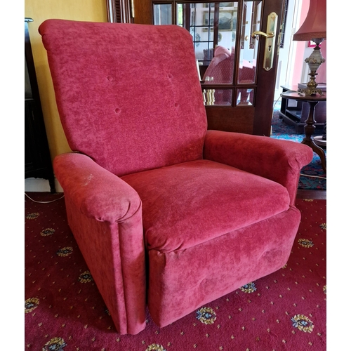 48 - Red Upholstered Manual Reclining Armchair. Seat Height: 43cm; Arm Height: 52cm; Seat Depth: 55cm