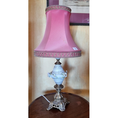 52 - Continental Floral Porcelain Table Lamp with Shade. Height 64cm overall, Lamp Base 38cm in Height