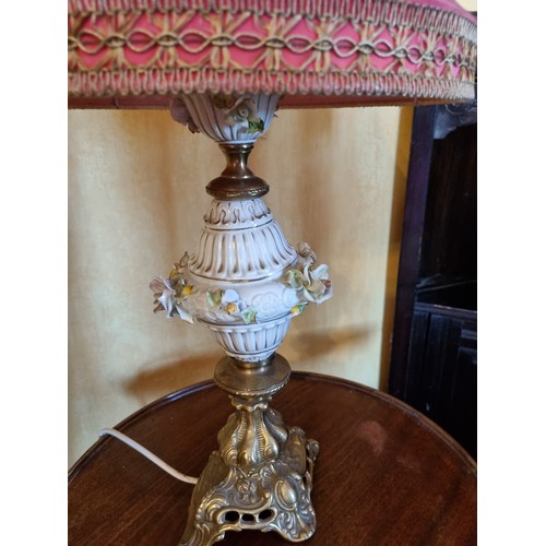 52 - Continental Floral Porcelain Table Lamp with Shade. Height 64cm overall, Lamp Base 38cm in Height