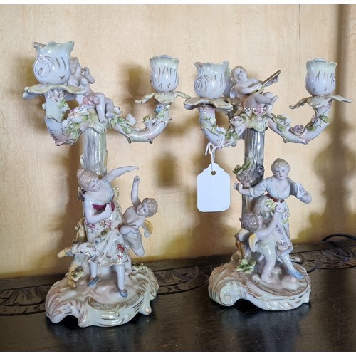 66 - Pair of Depose Austrian Porcelain Three-Branch Candelabras, Height 25cm