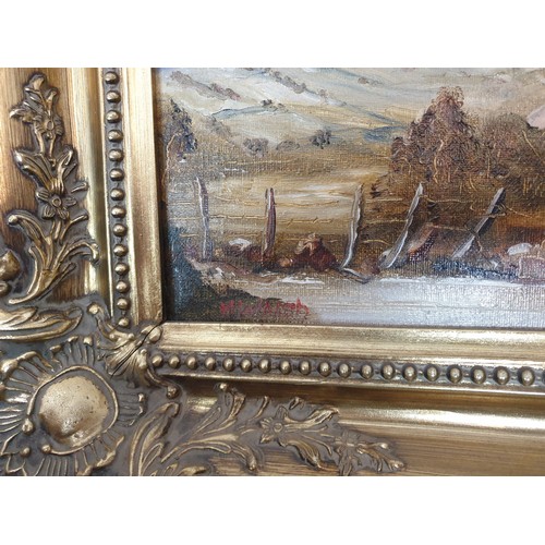 435 - Gilt Framed Oil on Canvas, Painted By Fr. Michael Walsh CC 1988 Bridge and Mountain Scene, H:43 x W:... 