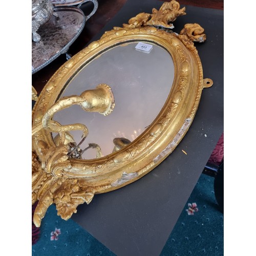 443 - Gilt Mirror with candle holders, H:60 x W:36cm. Some damage as Seen