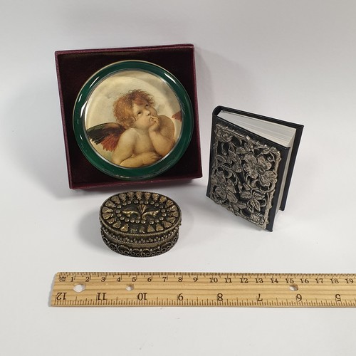 515 - Bound Birthday book, Sistine Madonna Paper Weight and small metal and lined trinket box