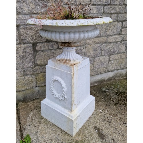 540 - Pair of Antique Metal Painted Garden Planters on Pedestal with Garland Design , H:83 x D:55cm