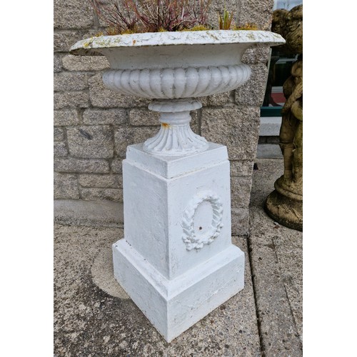 540 - Pair of Antique Metal Painted Garden Planters on Pedestal with Garland Design , H:83 x D:55cm