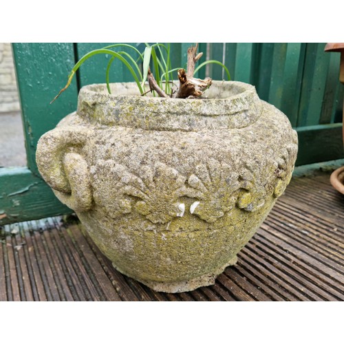 544 - Antique Stone Garden Planter with handle detail, H:25 x D:34cm