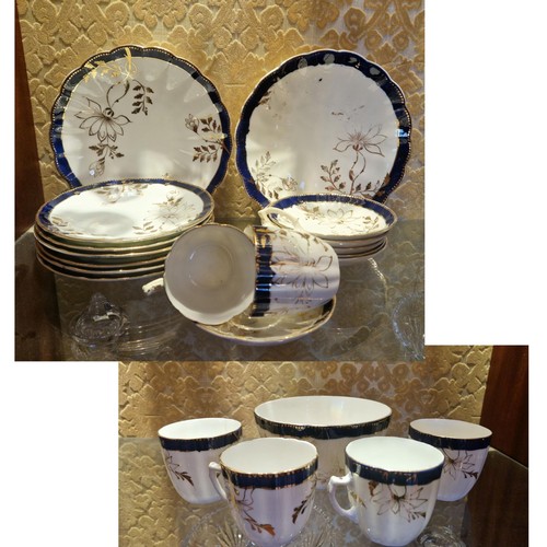 111 - Antique Tea Set Blue and White Gold Rim (no milk jug)