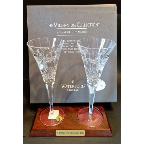 102 - Pair of (Boxed) Waterford Crystal Millennium Flutes on Wooden Stand, Height 23cm