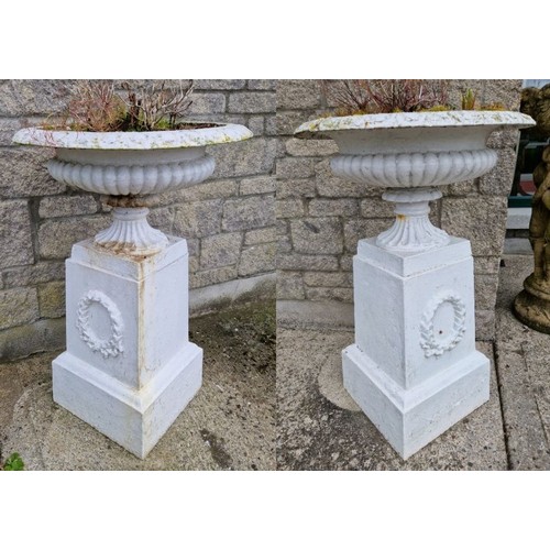 540 - Pair of Antique Metal Painted Garden Planters on Pedestal with Garland Design , H:83 x D:55cm