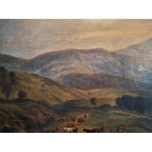 403 - Large Antique Gilt Framed Oil on Canvas, Cattle and Mountain Scene H:75 x W:115cm