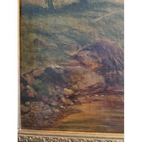 403 - Large Antique Gilt Framed Oil on Canvas, Cattle and Mountain Scene H:75 x W:115cm