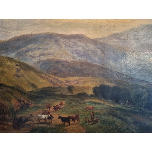 403 - Large Antique Gilt Framed Oil on Canvas, Cattle and Mountain Scene H:75 x W:115cm