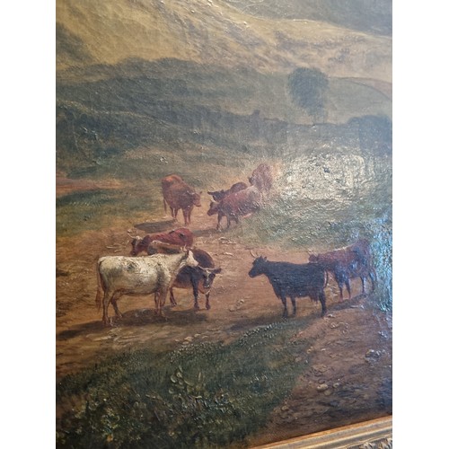 403 - Large Antique Gilt Framed Oil on Canvas, Cattle and Mountain Scene H:75 x W:115cm