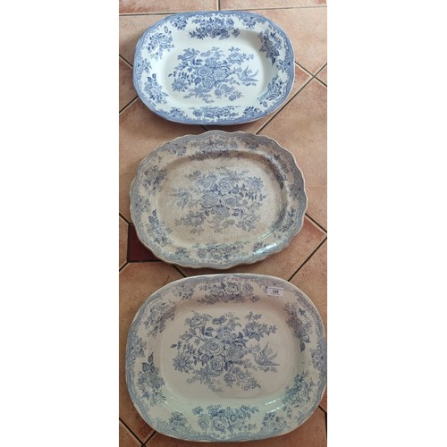 125 - Lot of 3x Antique Blue & White Meat Dishes, Largest L:46 x W:36cm