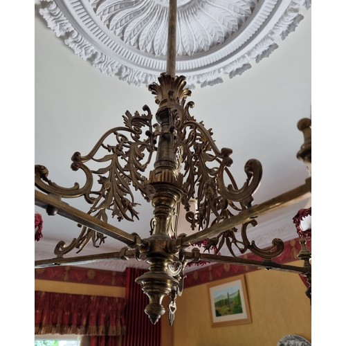 83 - Brass Five Branch Ceiling Light with shades, H:80 x D:80cm