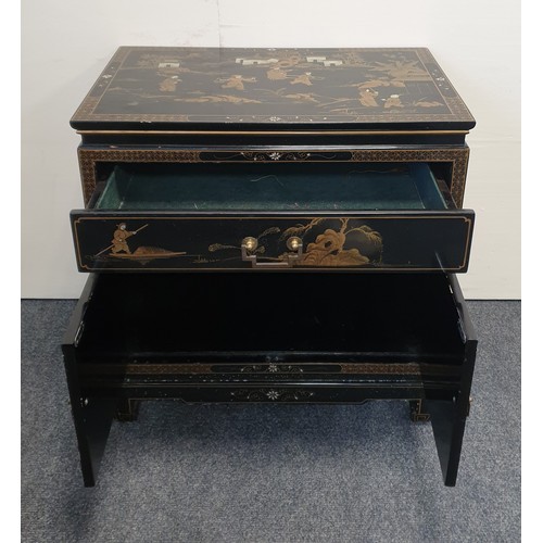 3 - Black Lacquered Chest with Doors and Drawers and Oriental Scene, H:62 x W:61 x D:41cm