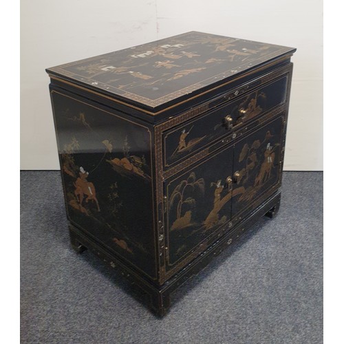 3 - Black Lacquered Chest with Doors and Drawers and Oriental Scene, H:62 x W:61 x D:41cm