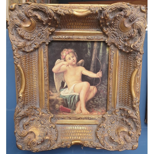 9 - Heavily Carved Gilt Framed Print, Cherub with Bow and Arrow H:45 x W:40