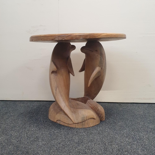 13 - Carved Side Table/Lamp Table with Dolphin Design and Circular Top , H:38 x D:41cm