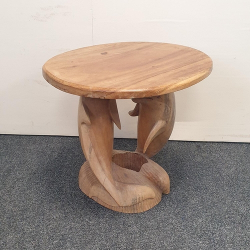 13 - Carved Side Table/Lamp Table with Dolphin Design and Circular Top , H:38 x D:41cm