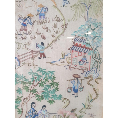 18 - Pair of Framed Oriental Embroidery Panels, H:95 x W:38cm