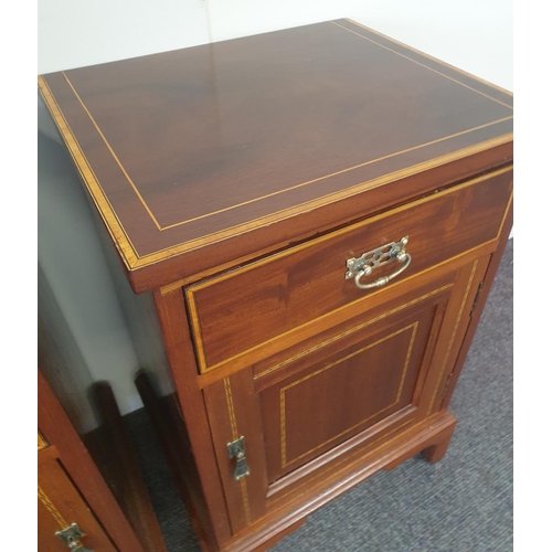 70 - Pair of Inlaid Mahogany One Door/One Drawer Bedside Lockers, H:67 x W:43 x D:38cm