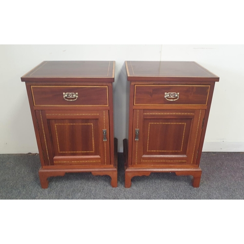 70 - Pair of Inlaid Mahogany One Door/One Drawer Bedside Lockers, H:67 x W:43 x D:38cm