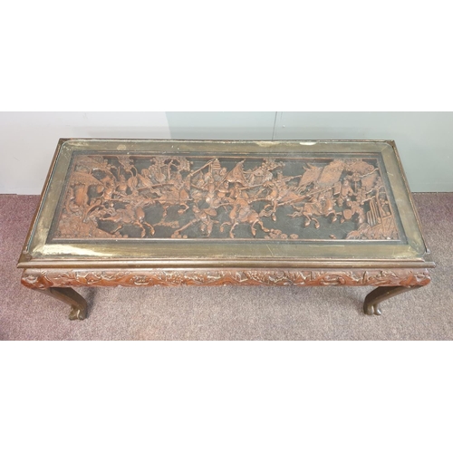 76 - Carved Coffee Table with Glass Top, H:52 x W:125 x D:55cm