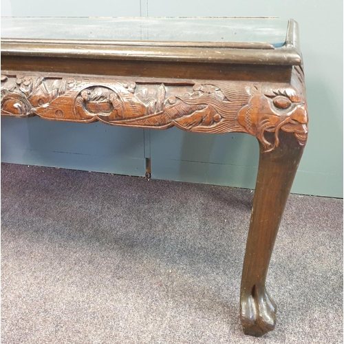 76 - Carved Coffee Table with Glass Top, H:52 x W:125 x D:55cm