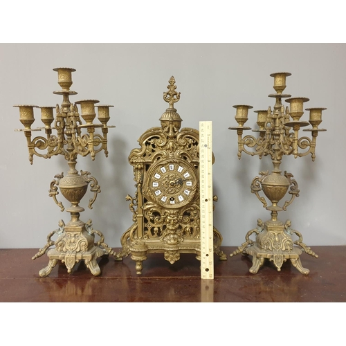 80 - Brass Garniture Clock Set. Candelabra measures 42cm in height