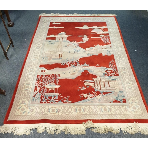 90 - Large Red & Cream Wool Oriental Rug with Pagoda design

L:247 x W:167cm