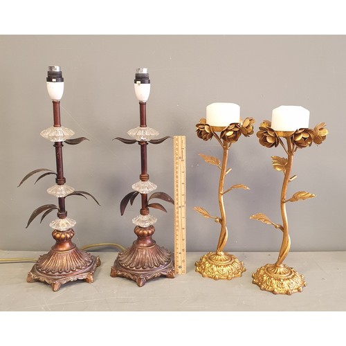 139 - Lot of 2x Table Lamp Bases and Pair of Gold Candle Holders, 45vm high