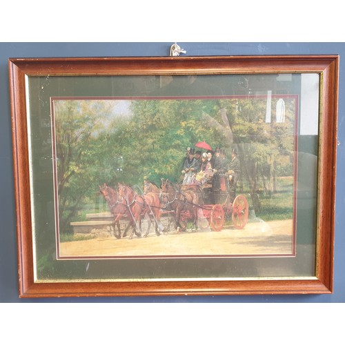 83 - Mahogany Framed Print, Horse and Carriage Scene h: 58cm x W: 77cm