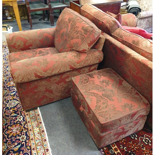 132 - Upholstered Two Seater, Armchair and Ottoman Footstool