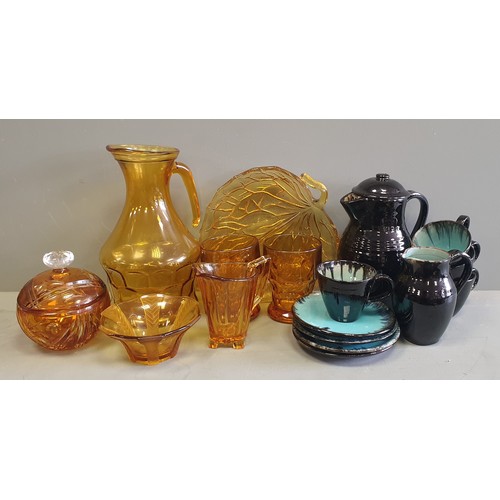 363 - 10 Piece Stoneware Coffee Set and 7 Pieces of Coloured Glass